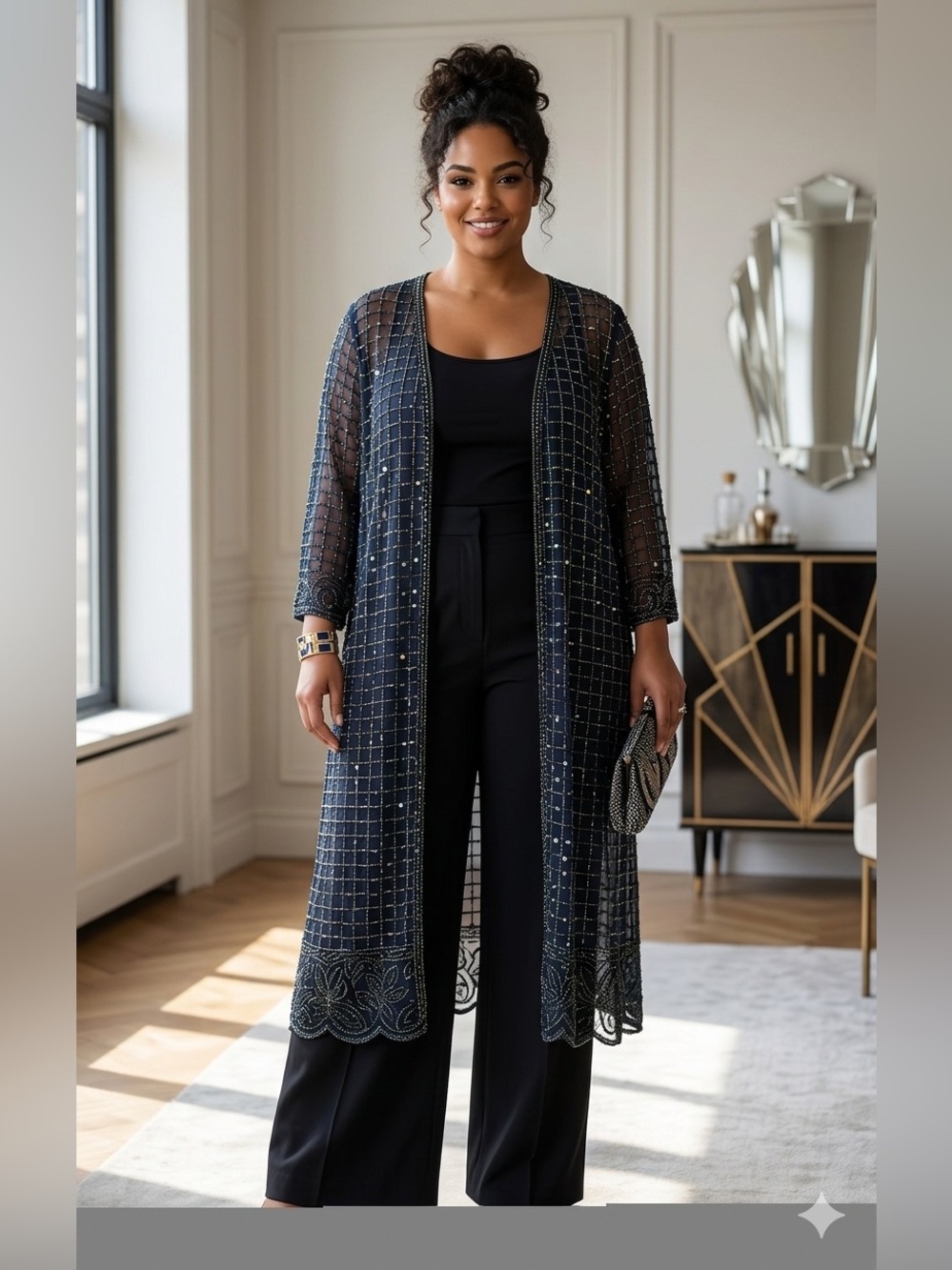 Gunit Fashions Navy Beaded Duster Jacket Vintage Sequin Evening Wrap 4XL